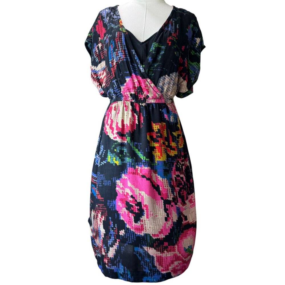 Anthropologie Black Floral Abstract Midi Dress | Size M | V-Neck Elastic Waist